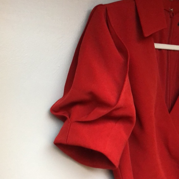 Badgley Mischka Sz 6 red cherry color knee-length dress w/ collar & belt v-neck - Picture 3 of 10